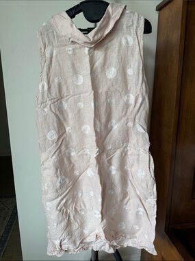 100% Linen Sleeveless Pink Polka Dot Midi Dress